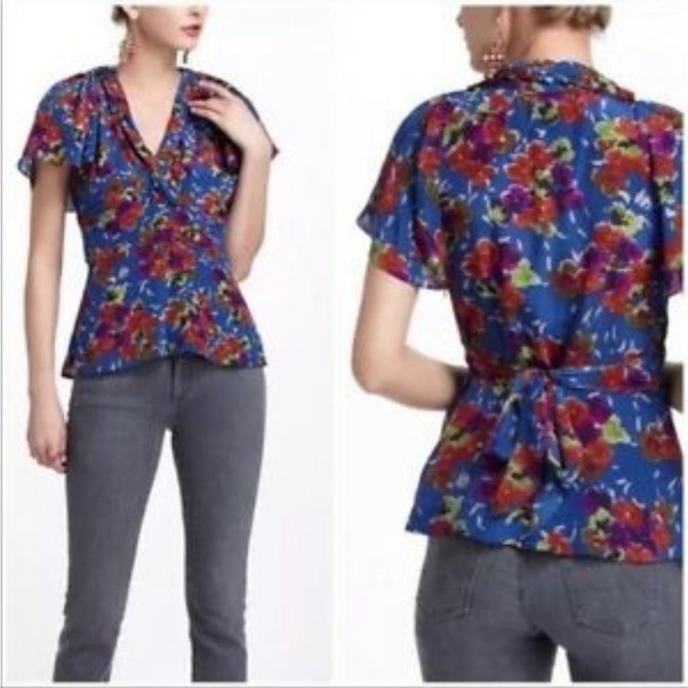 Girls from Savoy Anthropologie
Blue Floral Silk Tie Waist Top blouse sz 4 - Picture 3 of 7